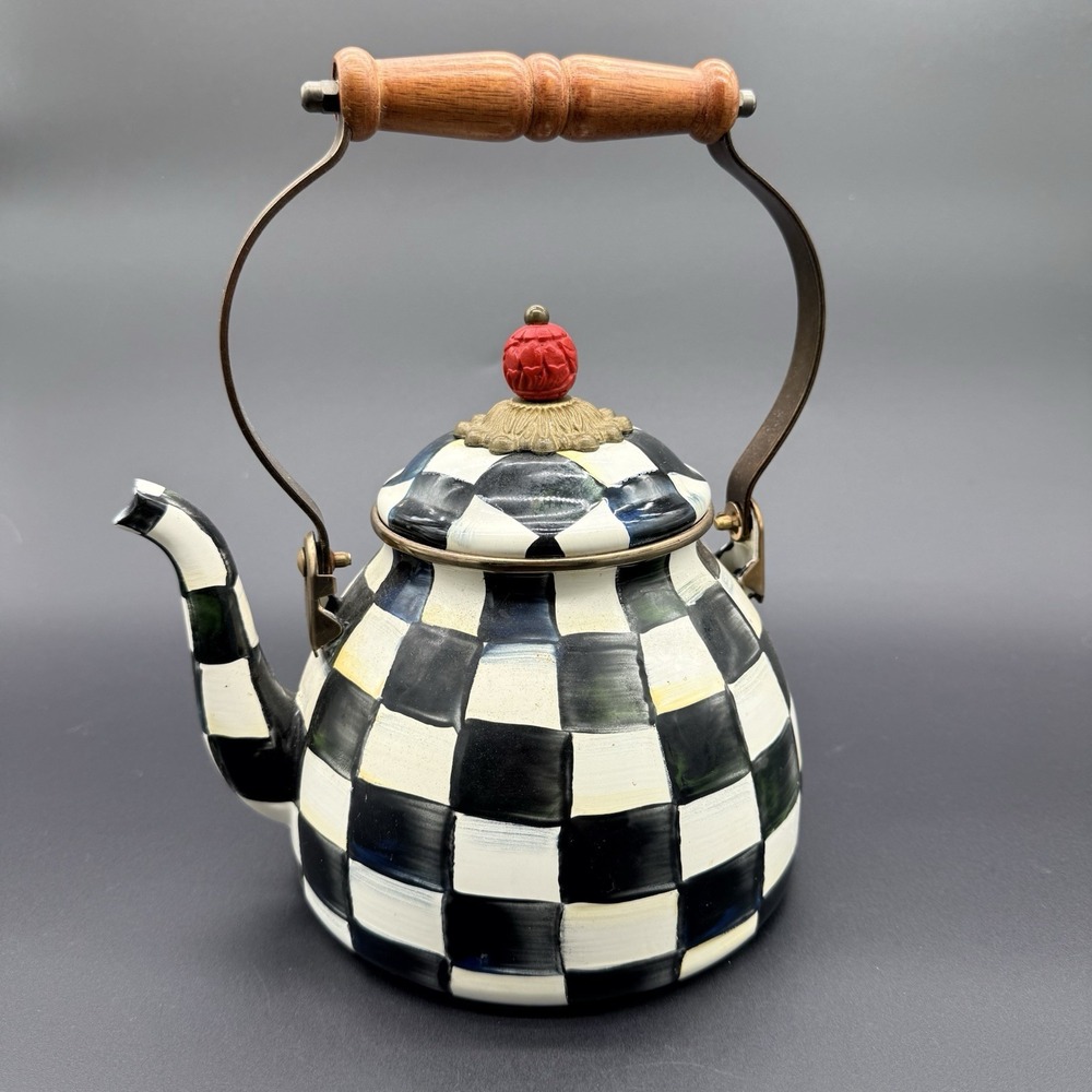 MacKenzie-Childs Courtly Check Enamel 2 Qt Tea Kettle Wood Handle Red Finial